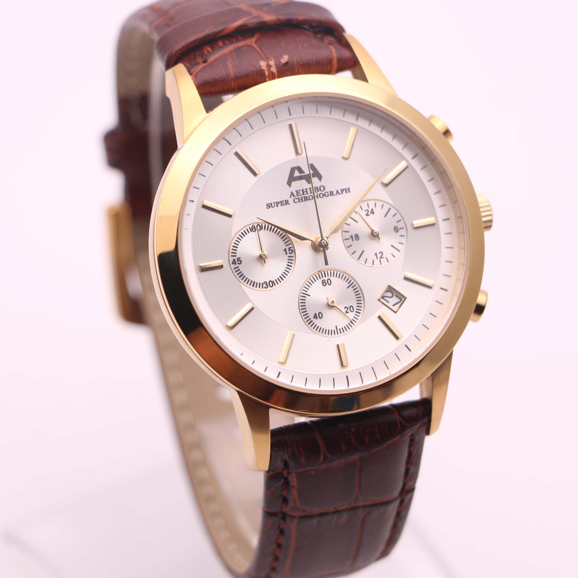 mens brown leather gold watch