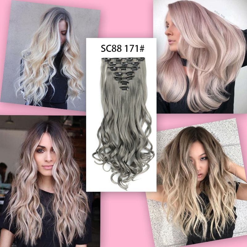 16 Clips Long Wavy Hairstyles Synthetic Ombre Clip In Hair