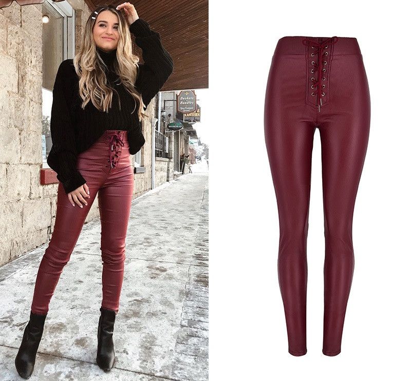 red faux leather trousers