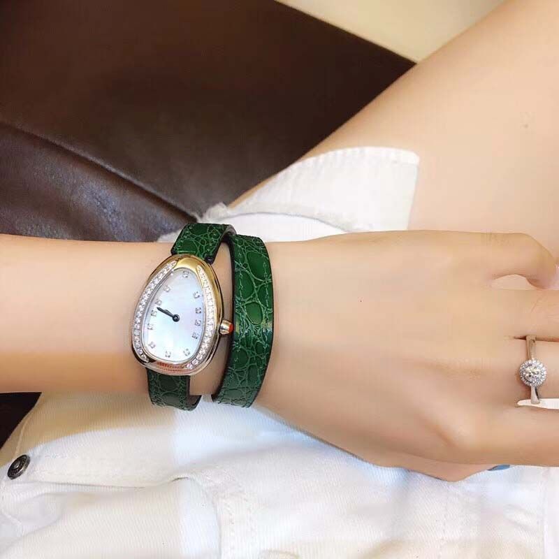28MM Fashion Elegant Womens Watches Oval Dial Double Wrap Green 