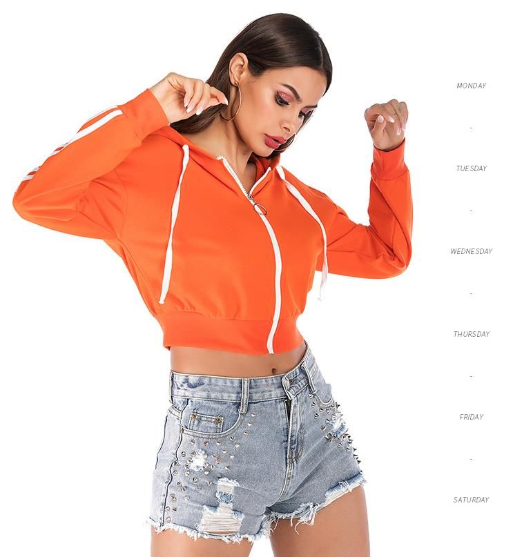 2019 otoño / invierno nueva naranja moda mujer color sólido con capucha larga cremallera cardigan