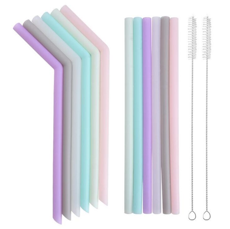 2PCS/SET Silicone Drinking Straws Home Party Straw with Cleaning Brush Reusable