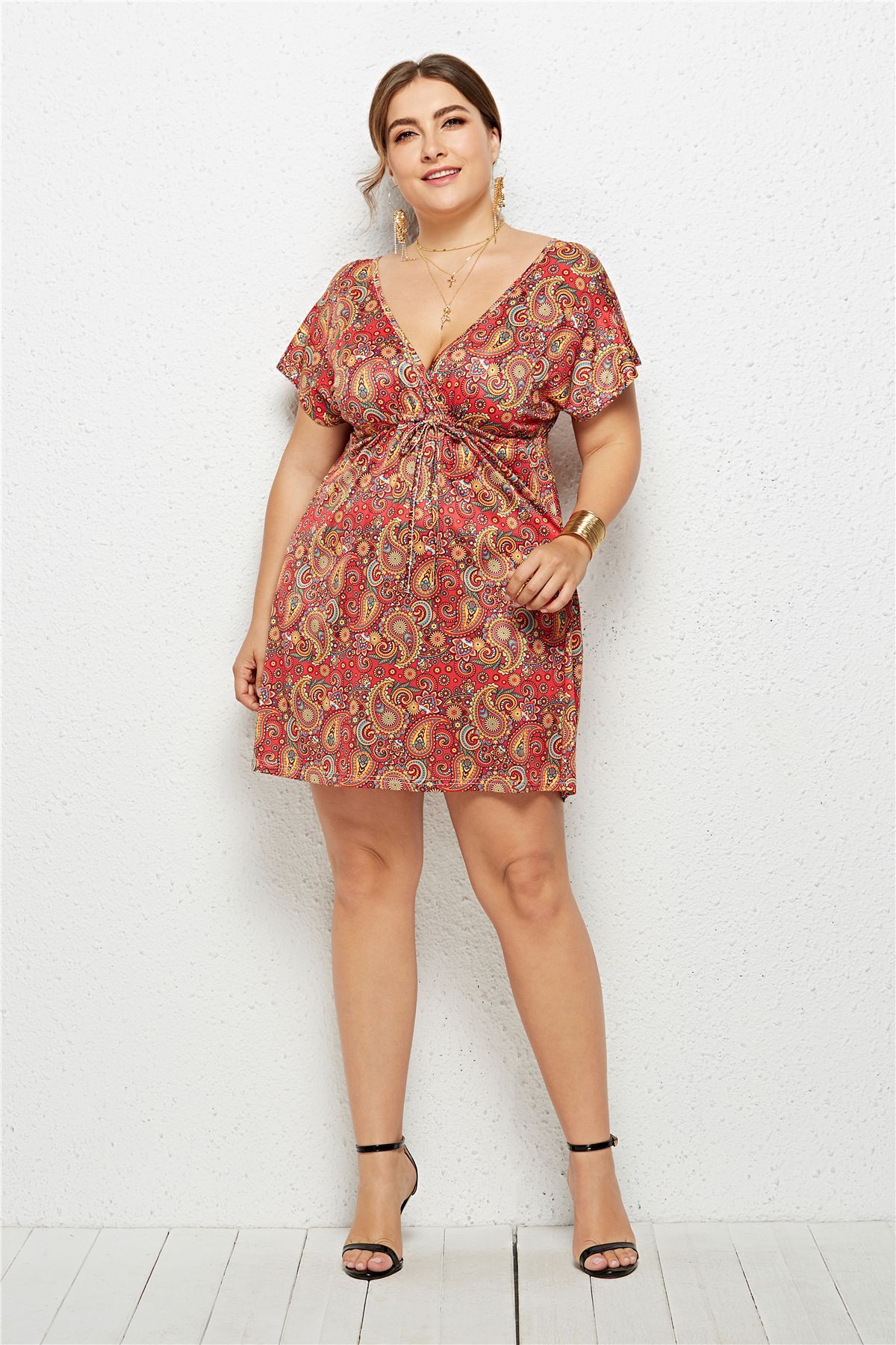 Vestido Mujer Lino Casual Talla Grande Escote En V Estampado Vestido Mujer Lino Casual Talla Grande Escote En V Estampado
