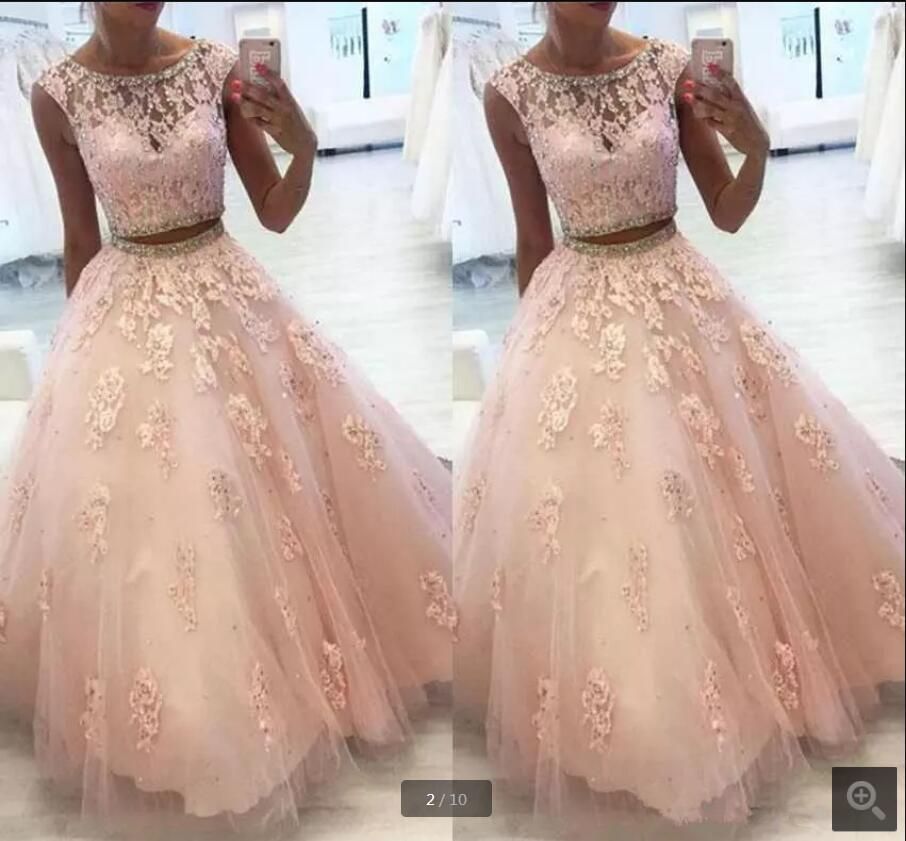 Dos piezas de encaje Quinceañera Vestidos 2019 baratos con tul de cristal de cuentas Una línea Dos piezas de encaje Quinceañera Vestidos 2019 baratos con tul de cristal de cuentas Una línea
