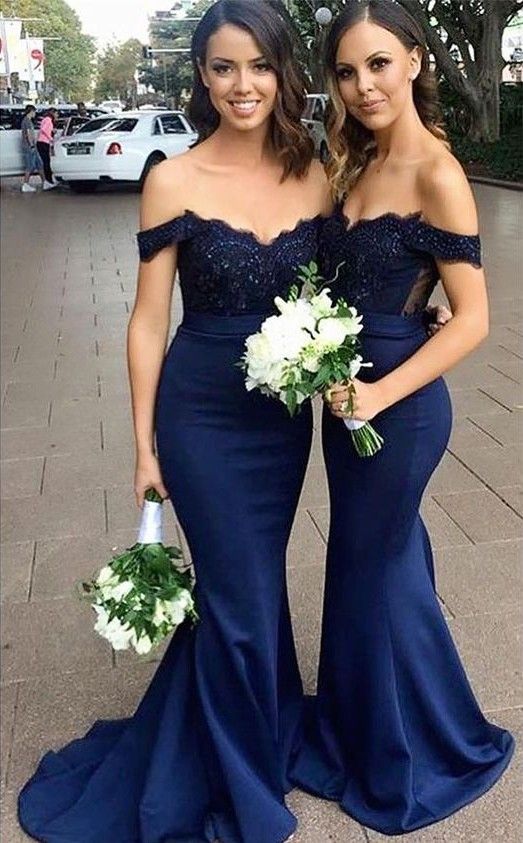 Nuevos vestidos de dama de honor azul marino personalizado fuera del hombro Appliques Mermaid Boda de Nuevos vestidos de dama de honor azul marino personalizado fuera del hombro Appliques Mermaid Boda de
