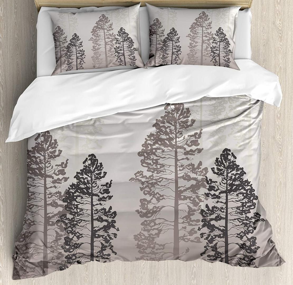 Country Duvet Cover Set Queen Size Pine Trees In The Forest Foggy