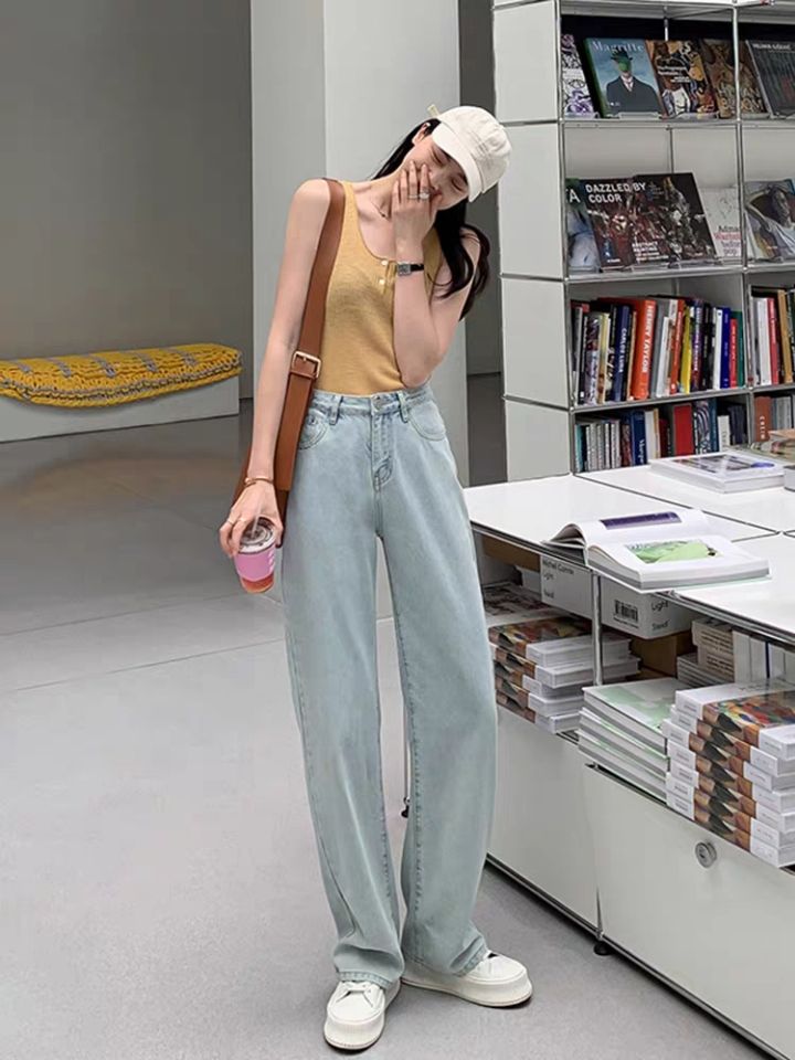 Compre Pantalones De La Longitud Web Celebrity Jeans De Suelo Para Las  Mujeres Con Cintura Alta De Tubo Recto De La Inclinación Feel La Tendencia  De Coreanos Pantalones Anchos De La Pierna