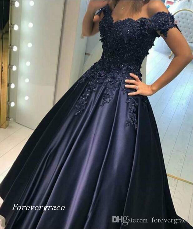 dark blue satin prom dress