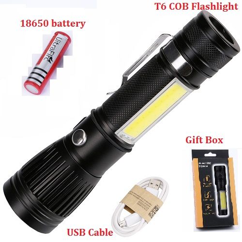 Mini linterna LED linterna táctica T6 con linterna lateral COB potente USB antorcha lámpara