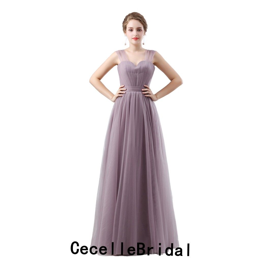 Vestido de dama de honor largo de tul con pliegues en color lila con tirantes Hasta Vestido de dama de honor largo de tul con pliegues en color lila con tirantes Hasta
