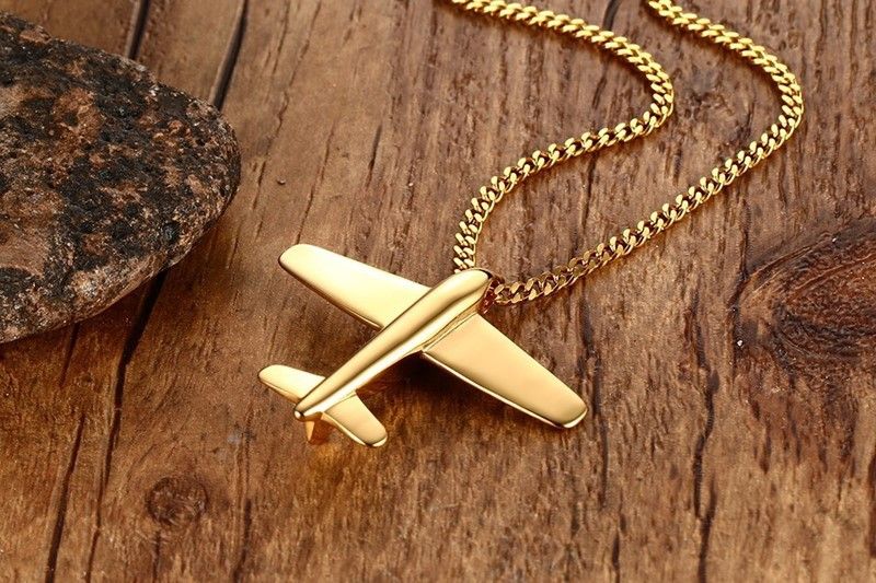 Wholesale Mens Stainless Steel Airplane Pendant Necklace Gold Color Aircraft 24 Chain PN 678