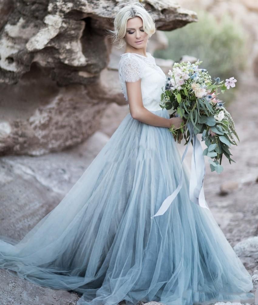 Vestidos de novia de color azul claro Top corto de encaje de manga corta de tul Vestidos de novia de color azul claro Top corto de encaje de manga corta de tul
