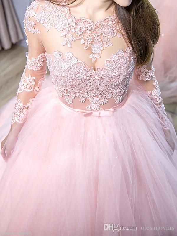 Manga larga Mujeres Formal Quinceañera Vestidos Vestido de fiesta 2019 Sweep Train Encaje Pink Tulle Ball Manga larga Mujeres Formal Quinceañera Vestidos Vestido de fiesta 2019 Sweep Train Encaje Pink Tulle Ball
