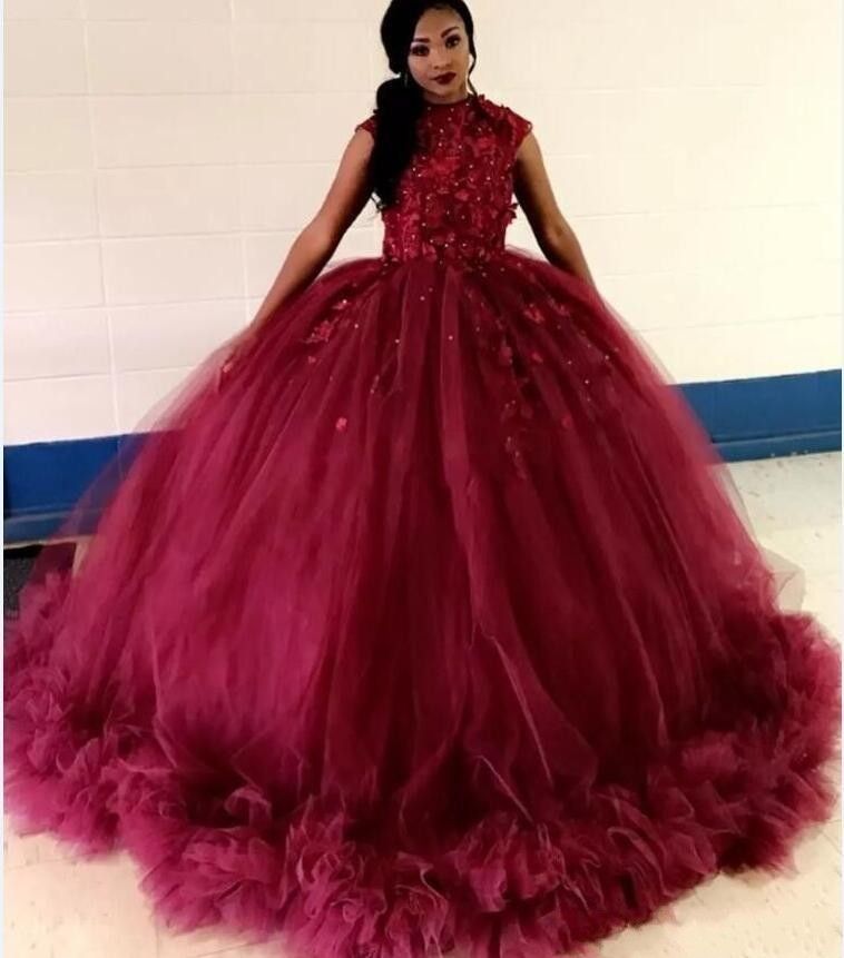 2019 borgoña africana vestido bola vestidos de quinceañera joya de la manga Applqieu acanalada Prom vestidos de fiesta para 16 vestidos de 15 años