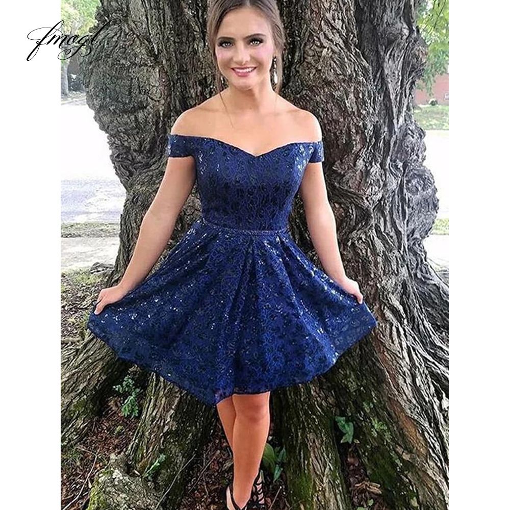 Compra Fmogl 2019 A Line Vestido De Regreso A Casa Azul Oscuro Cuello Barco  Con Hombros Descubiertos Elegante Con Lentejuelas Vestido De Noche De  Fiesta Corto Personalizado Barato | Entrega Rápida Y
