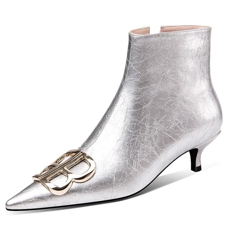 silver kitten heel booties