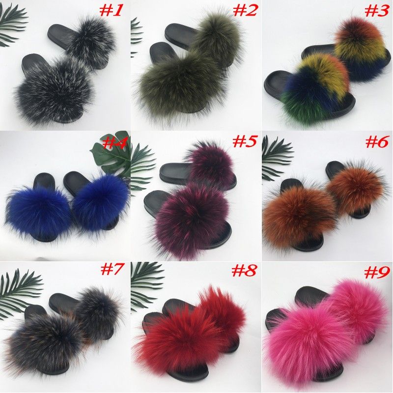 28 Colors Real Fur Slippers Women Fox Fluffy Sliders Comfort with Feathers Summer Flats Sweet Ladies Shoes
