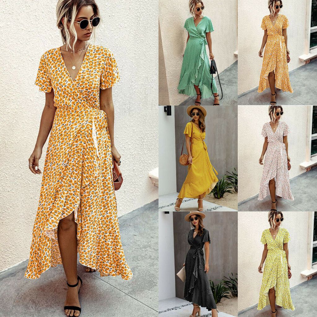 Compra Womens Boho Maxi Floral Del Verano Dot Corta De Las Señoras De Manga  Larga Flor Vestido Cruzado De La Mujer Vestidos De Fiesta De Noche Vestidos  Barato | Entrega Rápida Y