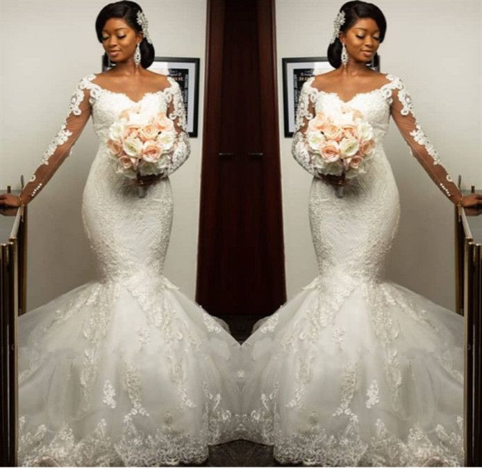 2020 Fashion African Mermaid Wedding Dresses Full Sleeve Lace Applique ...