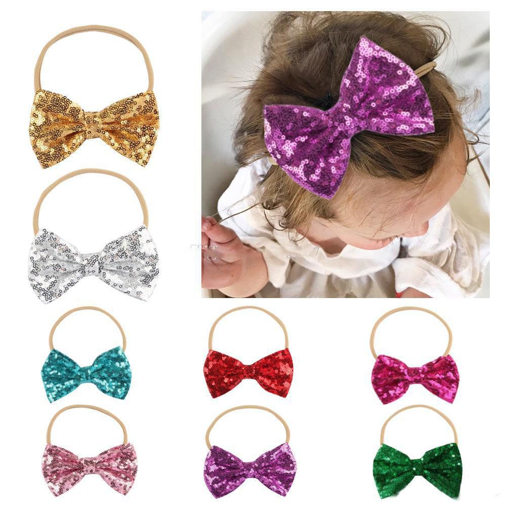 Baby Sequin Headbands Shiny Bow Nylon Hairbands Kids Girls Bowknot