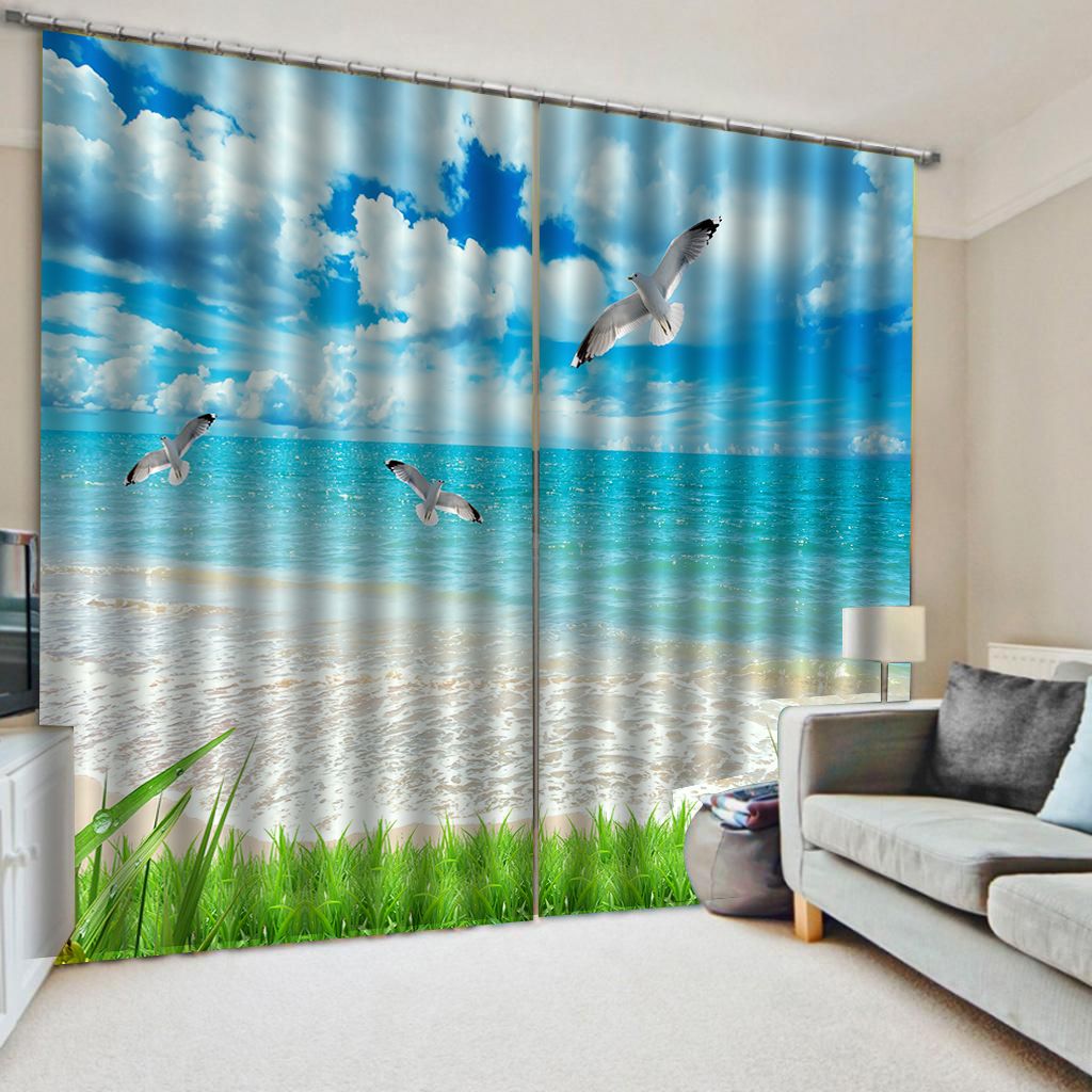 2020 Blue Beach Curtains Decoration Curtain Luxury Blackout 3D Window