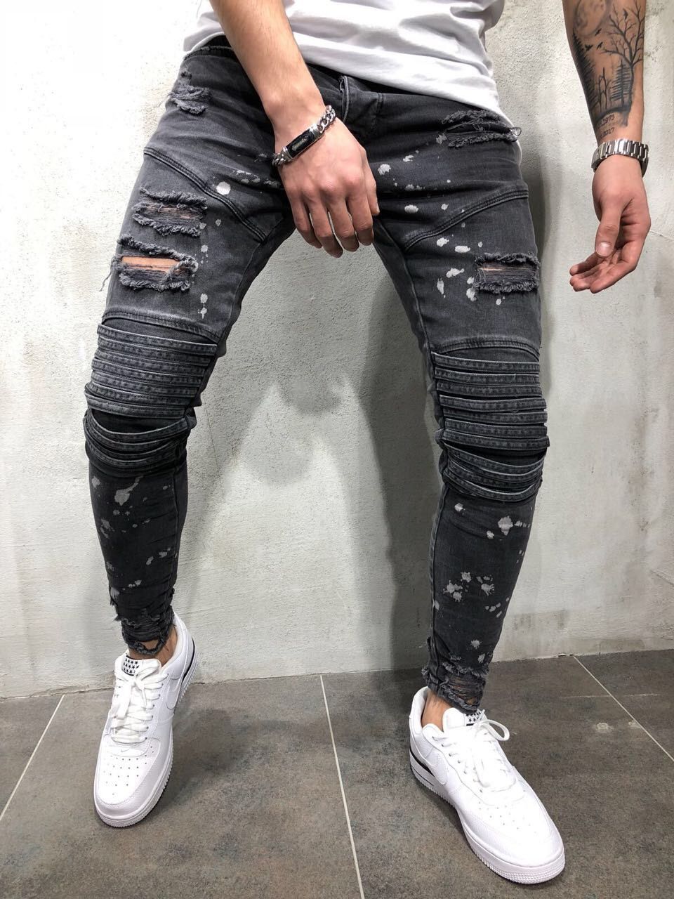 Hombres Moda Agujero Manchas Blancas Pantalones Lápiz Estilo de Moda Hombres Motocicleta Moto Causal Hombres