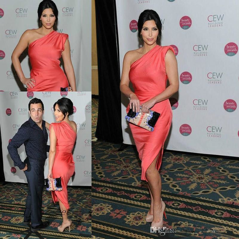 Coral Kim Kardashian Celebrity Vestidos de noche cóctel Vestidos de alfombra roja de un hombro