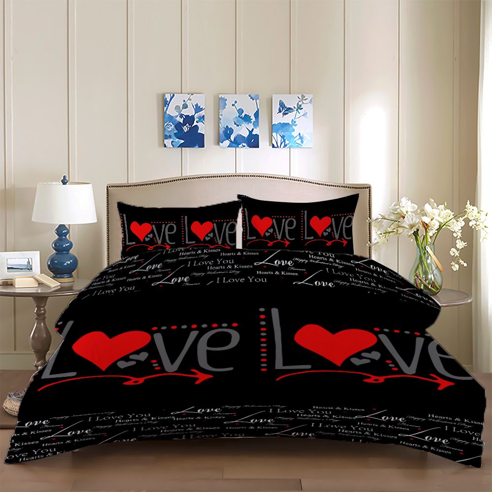 Love Pattern Printed Bedding Set With Pillowcases Duvet Cover Set