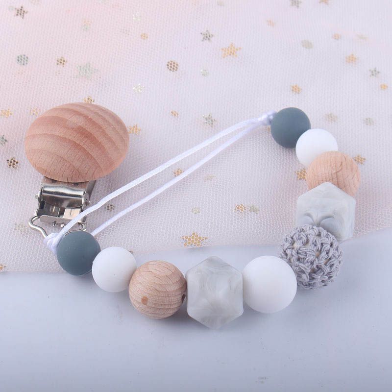 Baby Kids Wooden Beaded Pacifier Holder Clip Nipple Teether Dummy Strap Chain
