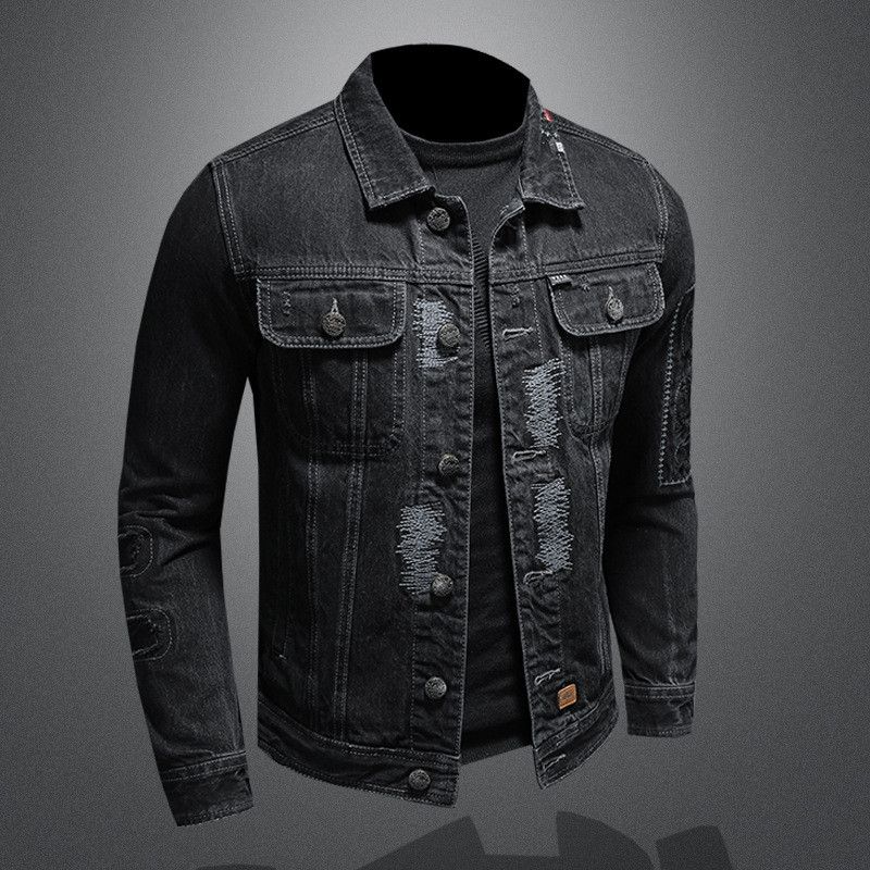 Jean chaquetas de moda Pesada agujero Parche hombre Demin casuales hombre Los