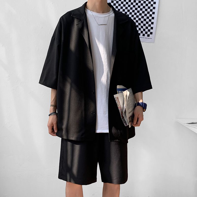 Style coréen Men's Fashion Lapel Loose Veste Short Youth Summer Sets 2PC 