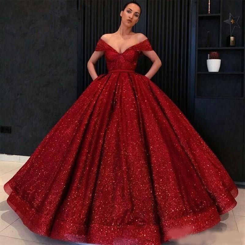 Formal Prom Party magnífica noche del hombro rojo balón vestido de quinceañera vestidos de brillantes lentejuelas Formal Prom Party magnífica noche del hombro rojo balón vestido de quinceañera vestidos de brillantes lentejuelas
