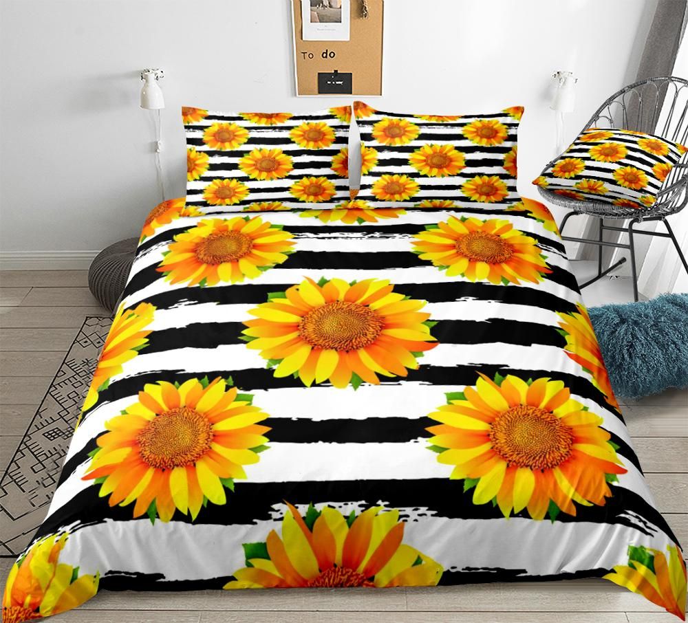 3 Pieces Yellow Sunflowers Bedding Black White Stripe Duvet Cover