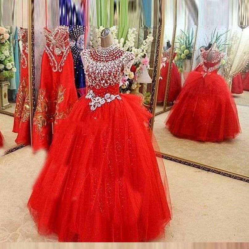 Impresionante pedrería roja con pedrería Princesa Niñas Vestidos desfile alto sin respaldo Imperio Cintura