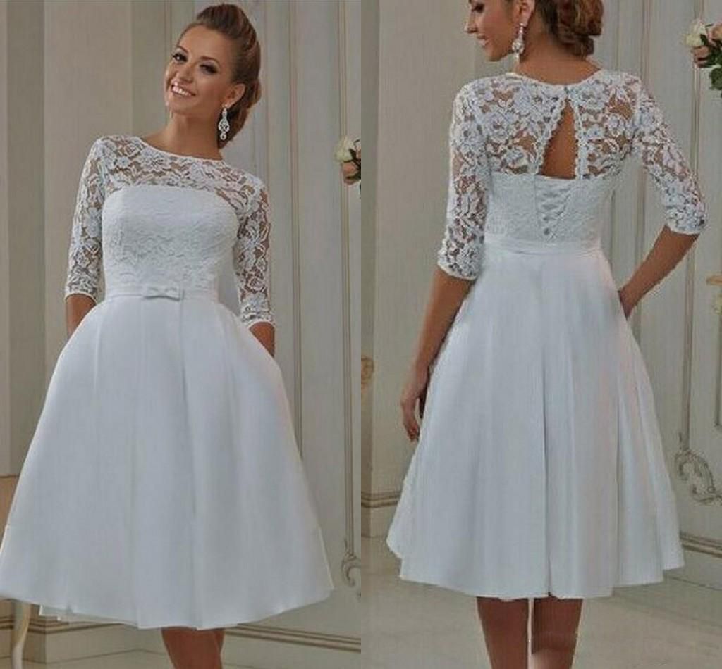 DiscountSimple Knee Length Wedding Dresses A Line New 2019 Top Lace  Illusion Half Sleeves Summer Short Beach Boho Bridal Wedding Gowns Cheap  From Andybridaldress, $138.7 | DHgate.Com