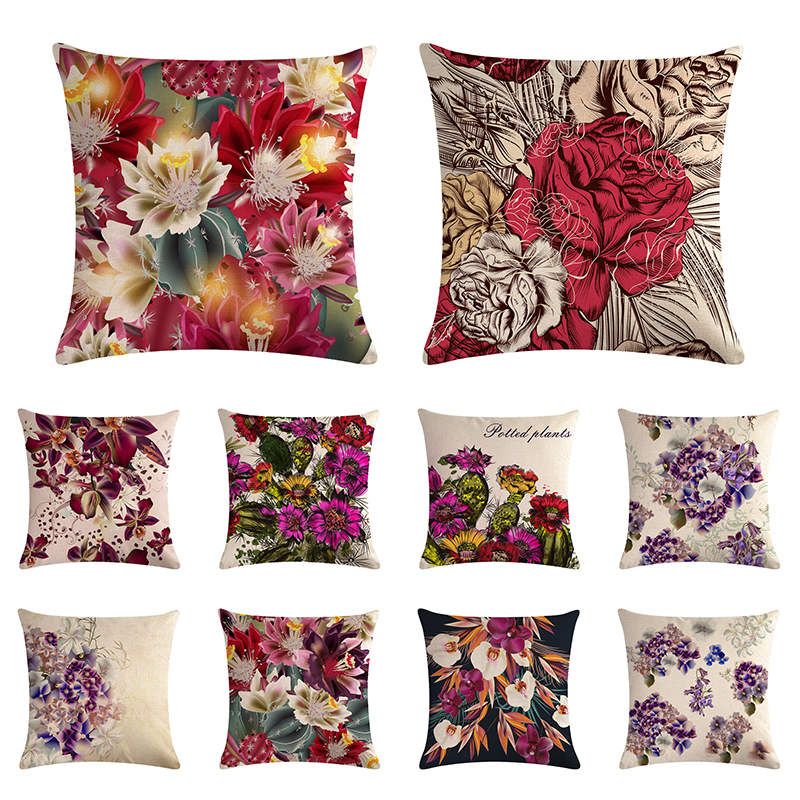 Color Matching Flower Pattern Cushion Cover Cactus Pillow Cover Linen