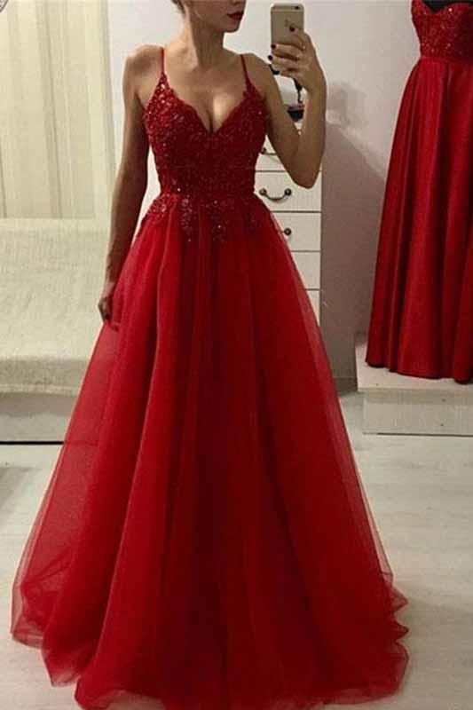 Compra Cintura Imperio Una Línea Vestidos De Noche Rojos Encaje Apliques  Con Cuentas Sexy Profundo Escote En V Vestido De Fiesta De Tul Vestido  Largo Elegante Formal Vestidos Fiesta Barato | Entrega
