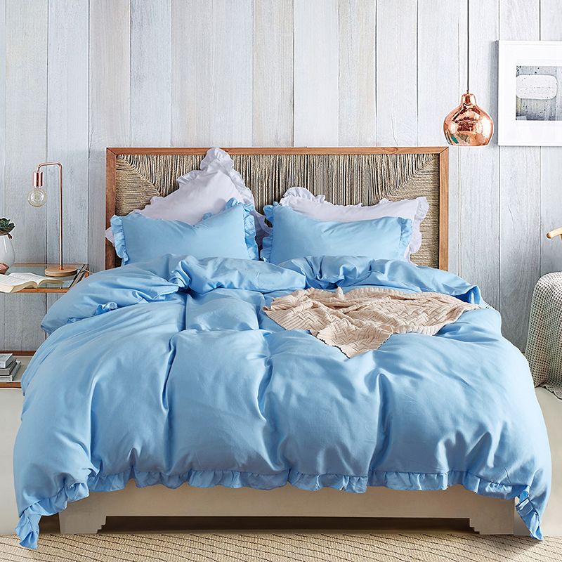 Yimeis Blue Bedding Sets Ruffle Queen Size Bed Sheets Set Solid