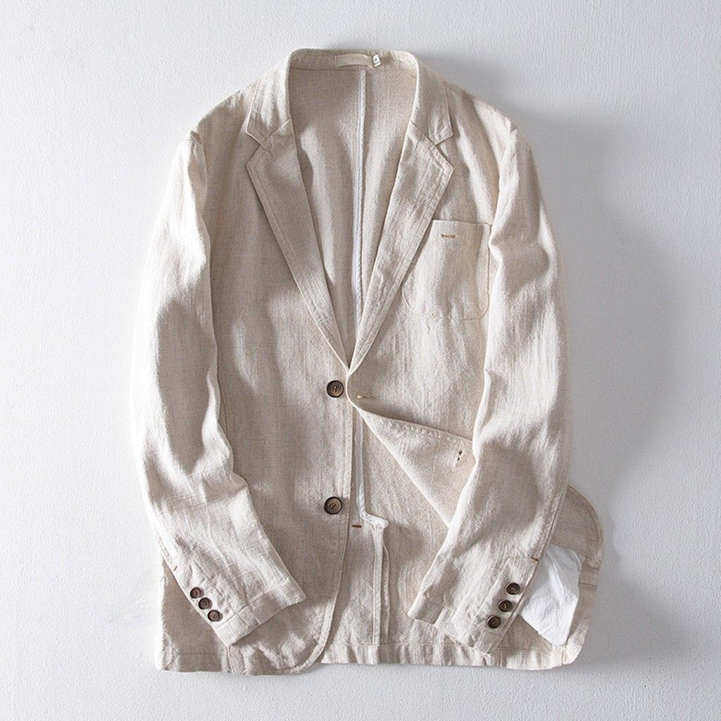 2020 Mens Slim Fit Linen Jacket Blend Pocket Solid Long Sleeve Style