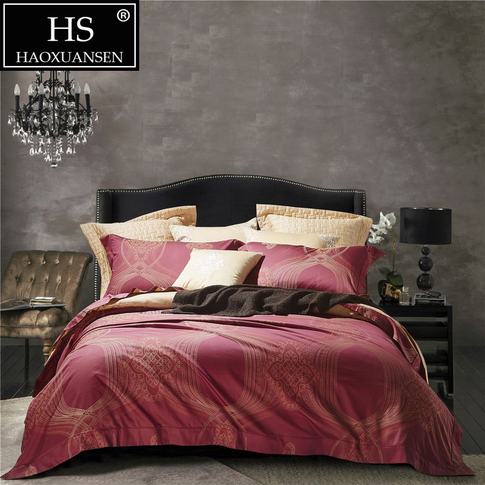 100 Percent Egyptian Cotton Bedding Set Jacquard Red Gold Beige