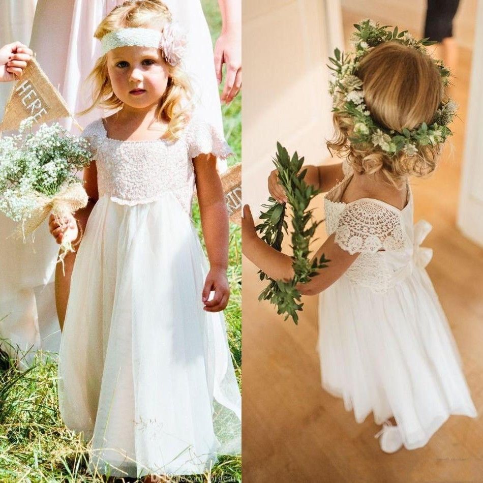 Bohemian Lace Chiffon A Line Vestidos para niñas de flores Vestidos de novia de manga corta Bohemian Lace Chiffon A Line Vestidos para niñas de flores Vestidos de novia de manga corta