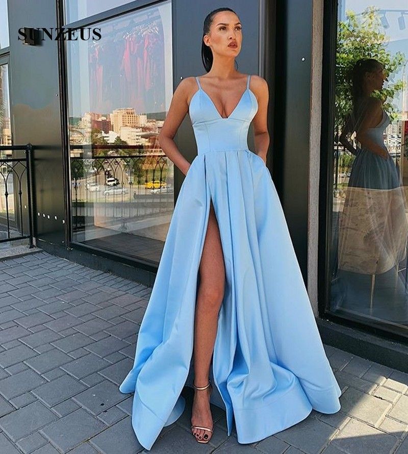 blue long satin dress