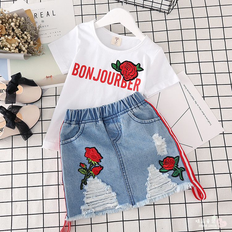Toddler Kids Girl Denim Skirt Set with Rose Flower Letter Print T-Shirt Tops 2pcs Outfits