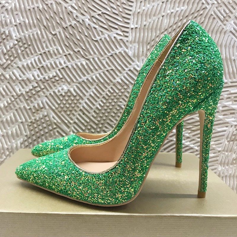 green glitter heels