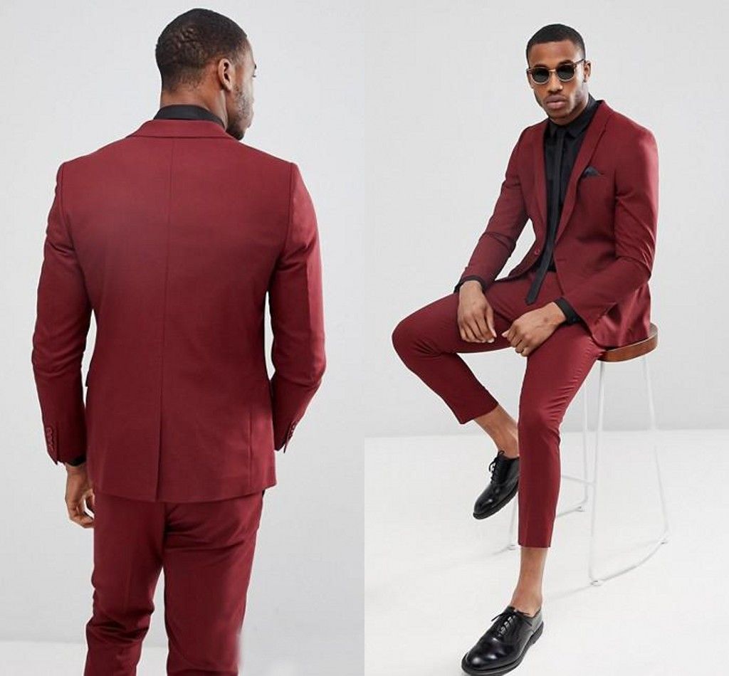 Handsome Burgundy One Button Mens Suits Slim Fit Vent Groomsmen Wedding Tuxedos For Men Blazers Peaked Lapel Prom Suit Jacket+Pant+Tie Mens Prom Suits