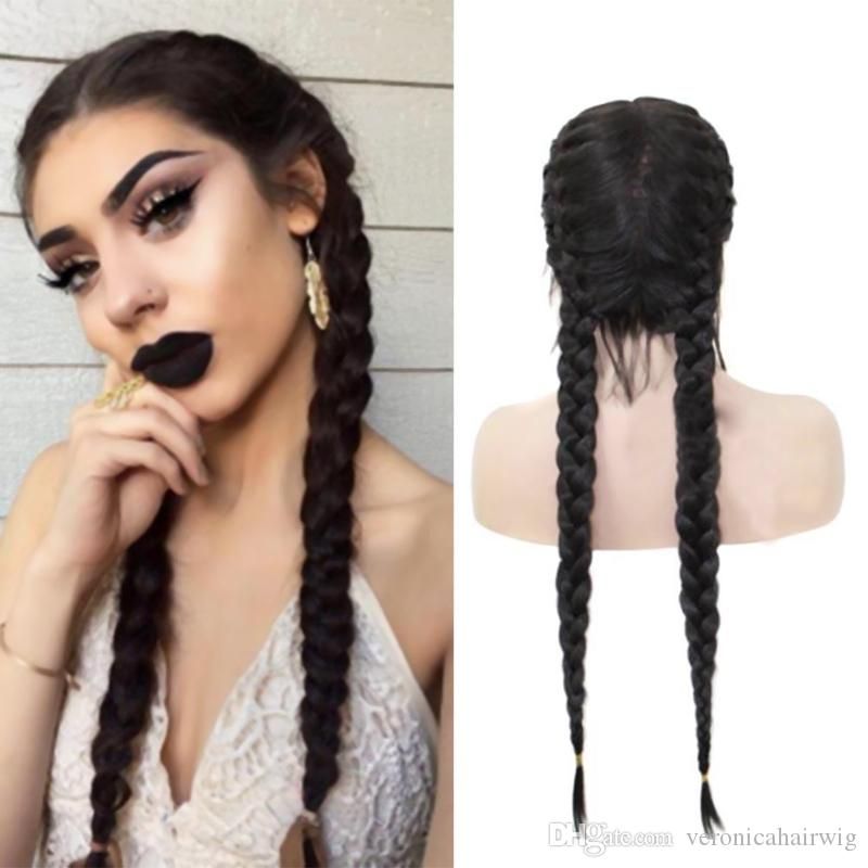 Natural Hairline Black Long Double Braids Synthetic Braided Lace