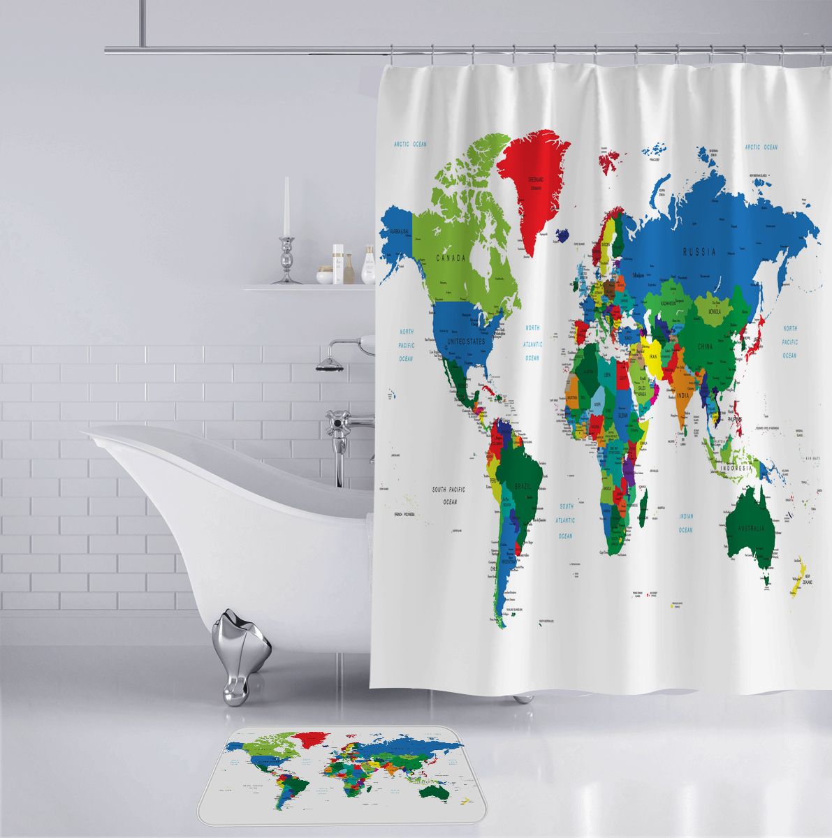 2019 Customized Waterproof Colorful World Map Shower Curtains 3d