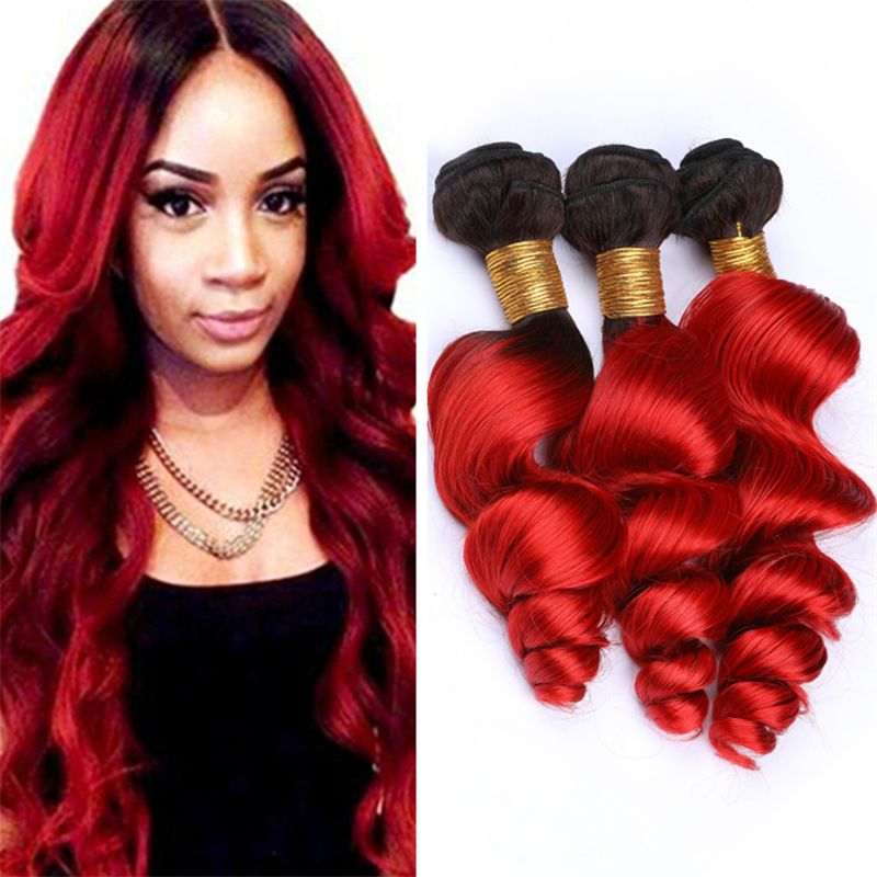 Black And Bright Red Ombre Virgin Hair Bundles Deals Loose Wave