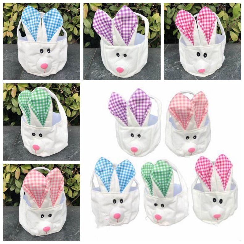 Easter Basket Bucket Kids Easter Buckets Long Ear Bunny Rabbit Basket Plaid Printed Storage