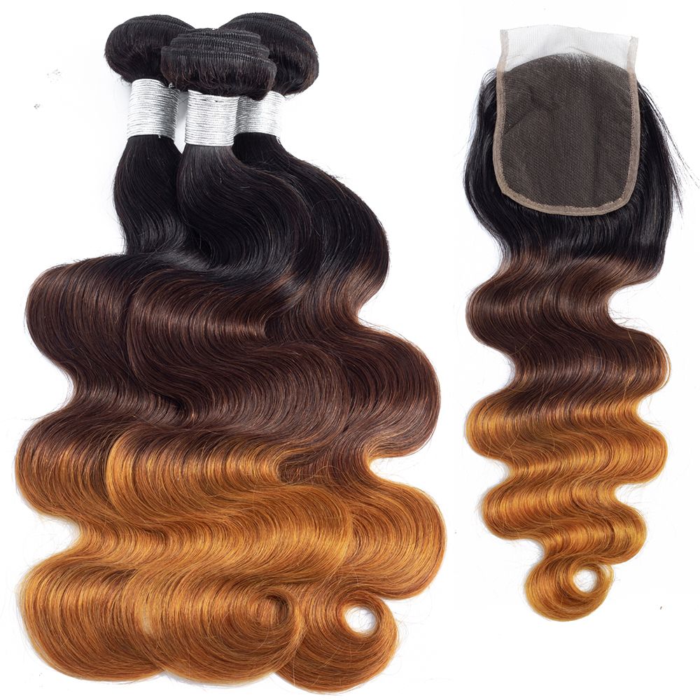 Three Tone Ombre Hair Extensions 3 Bundles With 4x4 Free Part Hair